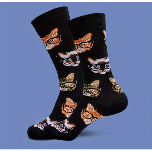 NEW Hipster Cat Kitten With Glasses Men’s Novelty Logo Crew Socks 1 Pair - Picture 1 of 2